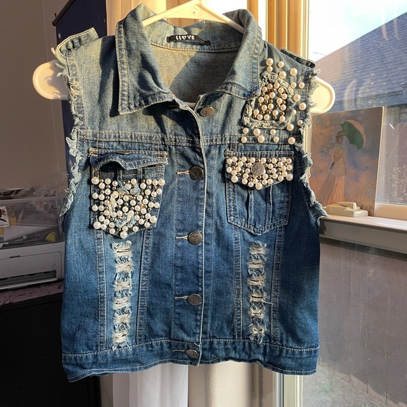 Y2K Llove Pearl distressed sleeveless denim vest - Picture 7 of 11